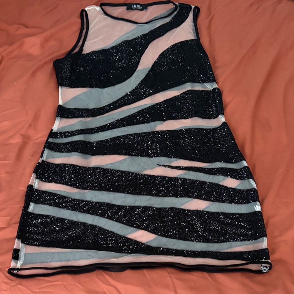 AKIRA Black Glitter Stripe Mini Dress with Nude Illusion
